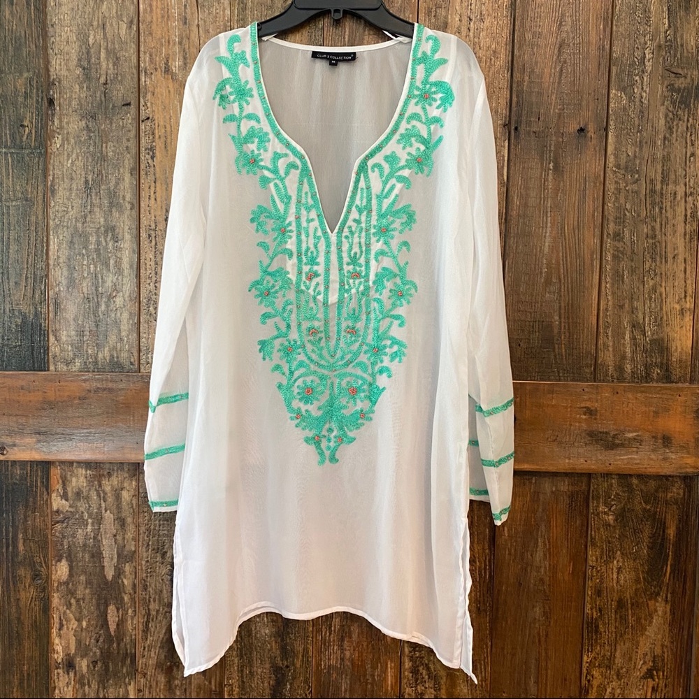 White and Green Embroidered Women's Swim Coverup
